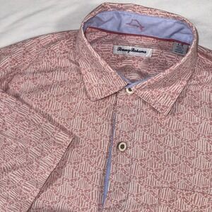 Tommy Bahama Mens L Camp S/S Shirt Silk Blend Desoto Shells Pink Island‎ Zone